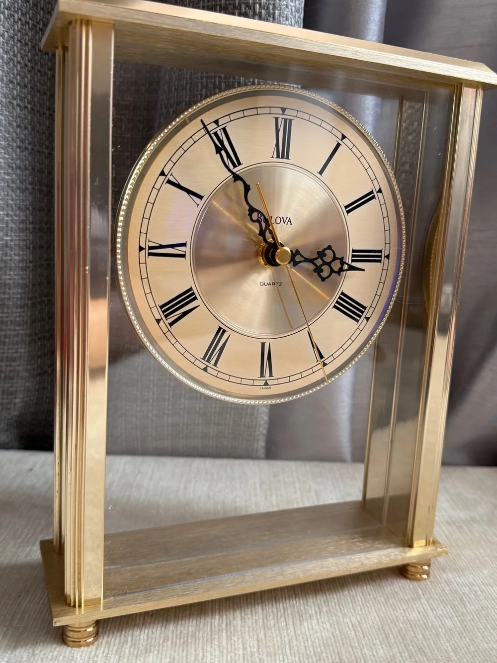 Bulova Gold Tone Glass Mantel Clock with Roman Dial